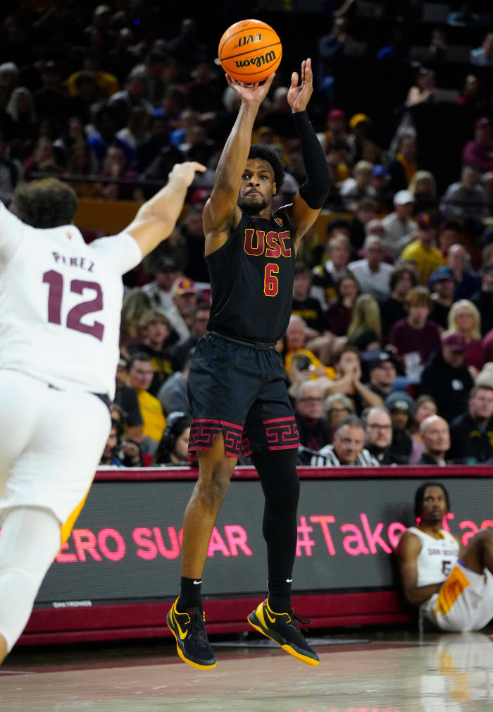 USC guard Bronny James shoots the basketball.